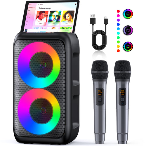 Karaoke Machine, Portable Bluetooth Speaker, PA Speaker with 2 Wireless Karaoke Microphones, Karaoke Machine for Adults Kids with Upgraded Subwoofer, Support TWS/TF/USB/AUX for Home Party Outdoor
